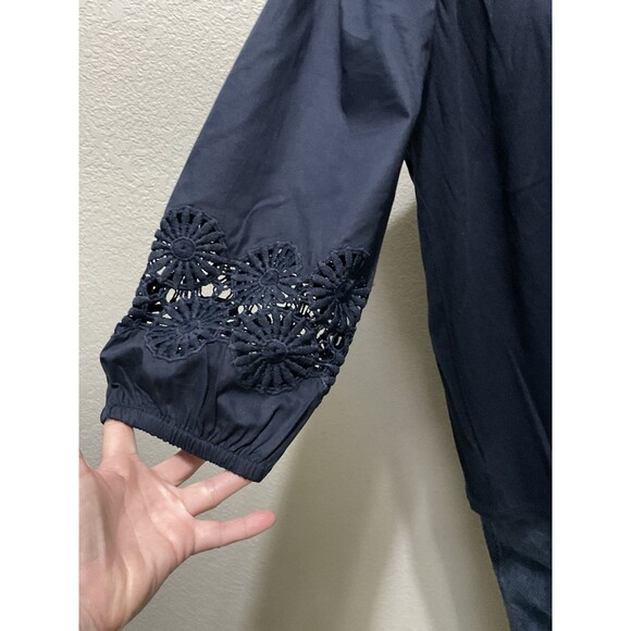 Loft, Women’s, 3/4 Puff Sleeve, Large Eyelet Flower Details, Navy Blue, Size: M - Picture 3 of 5